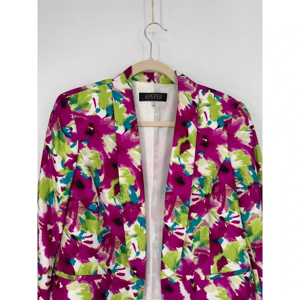 Kasper Floral Blazer Women 12 Magenta Green Excellent Abstract Open Front Jacket - Picture 2 of 14